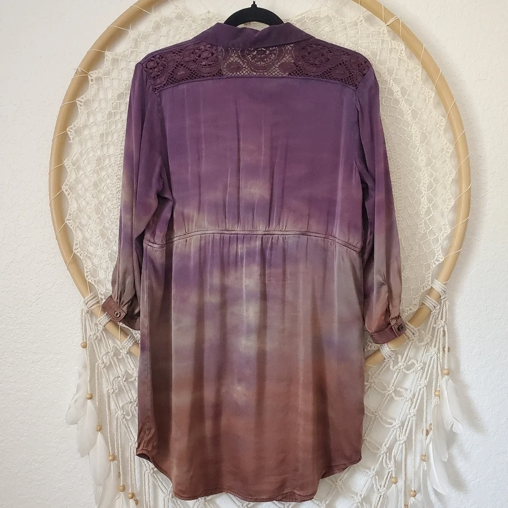Michelle Jonas Ombre Tie-Dye Silk 3/4 Sleeve Button Down Babydoll Tunic Top L